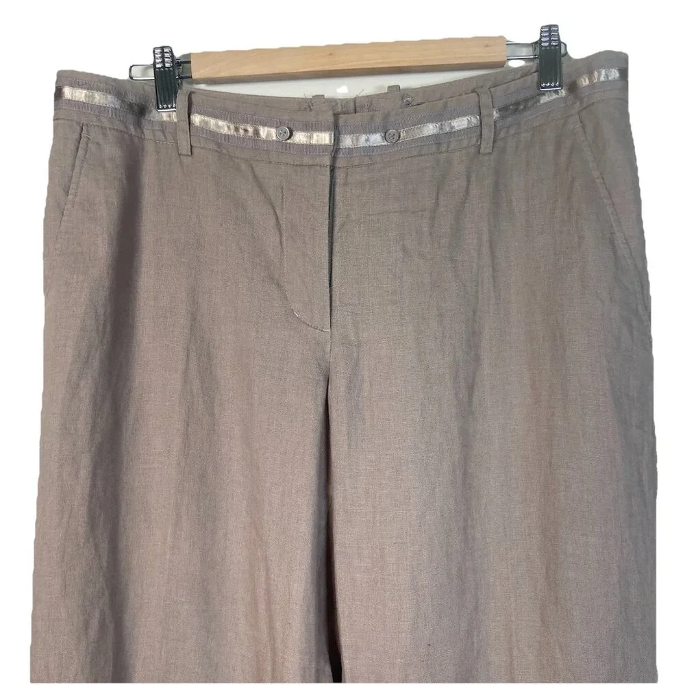 H&M Women’s Size 14 Pants 100% Linen Wide Leg Pockets‎ Mid Rise Tan Taupe Office